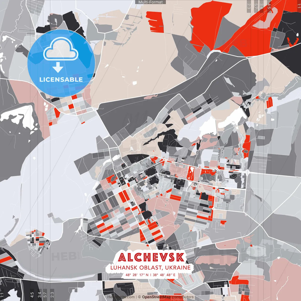 Alchevsk, Luhansk Oblast, Ukraine - modern street map poster template with gray and red tones