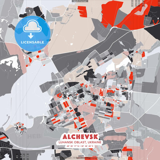 Alchevsk, Luhansk Oblast, Ukraine - modern street map poster template with gray and red tones