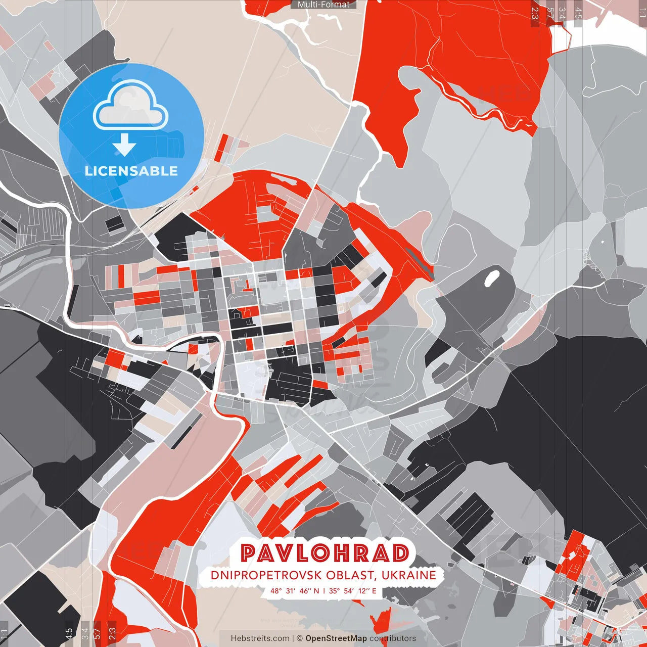 Pavlohrad, Dnipropetrovsk Oblast, Ukraine - modern street map poster template with gray and red tones