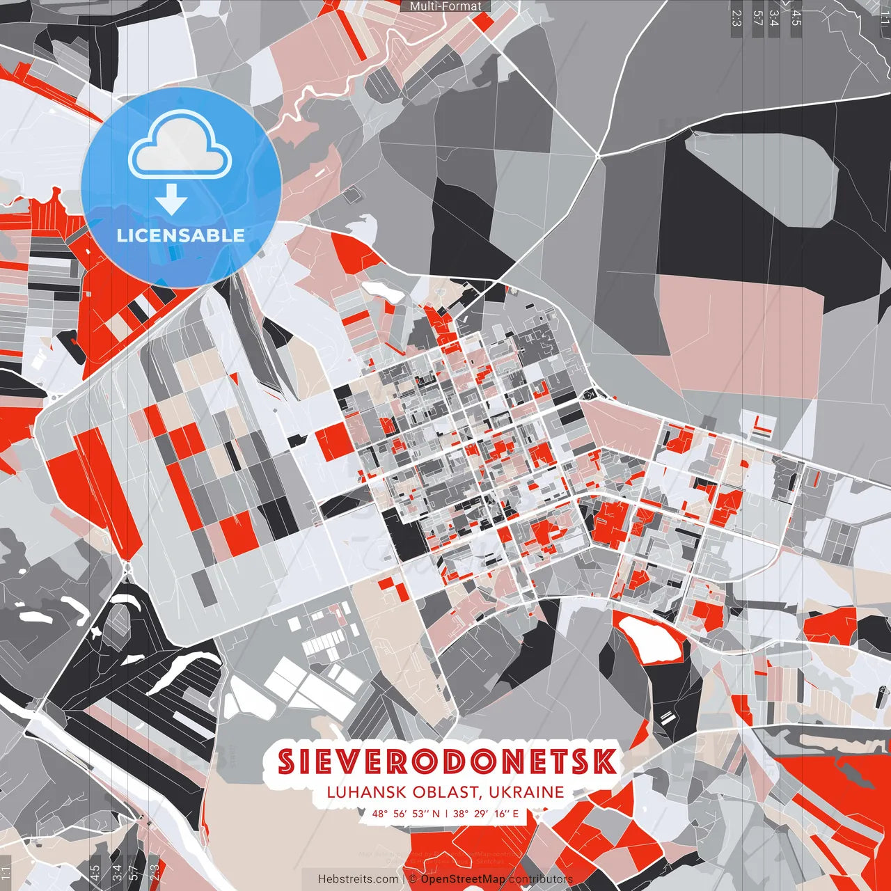 Sieverodonetsk, Luhansk Oblast, Ukraine - modern street map poster template with gray and red tones