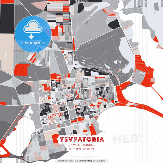 Yevpatoria, Crimea, Ukraine - modern street map poster template with gray and red tones