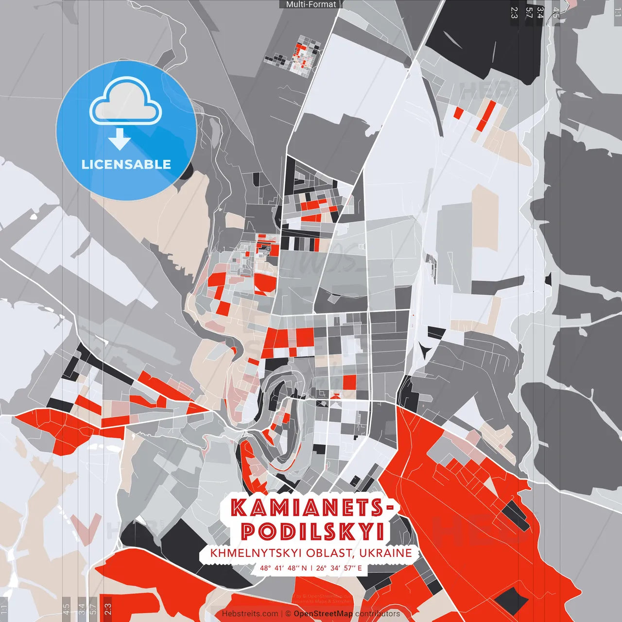 Kamianets-Podilskyi, Khmelnytskyi Oblast, Ukraine - modern street map poster template with gray and red tones