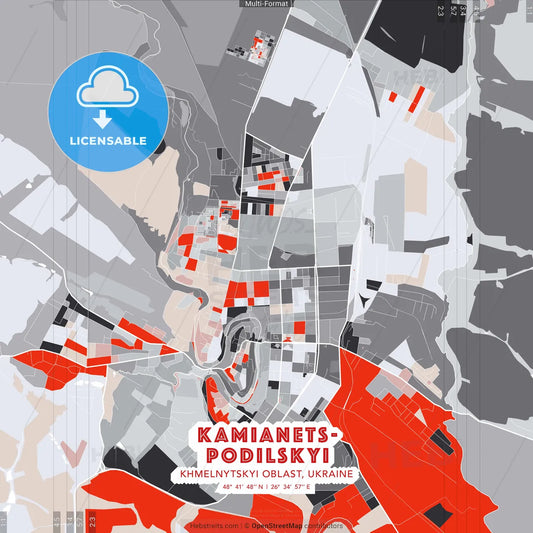 Kamianets-Podilskyi, Khmelnytskyi Oblast, Ukraine - modern street map poster template with gray and red tones