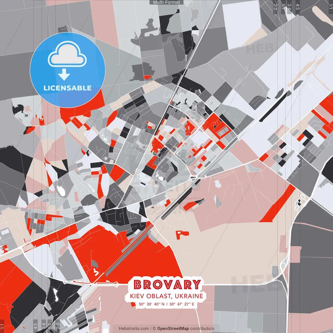 Brovary, Kyiv Oblast, Ukraine - modern street map poster template with gray and red tones