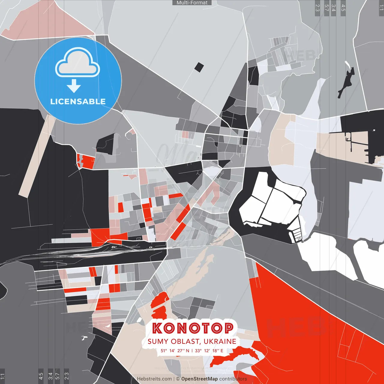 Konotop, Sumy Oblast, Ukraine - modern street map poster template with gray and red tones