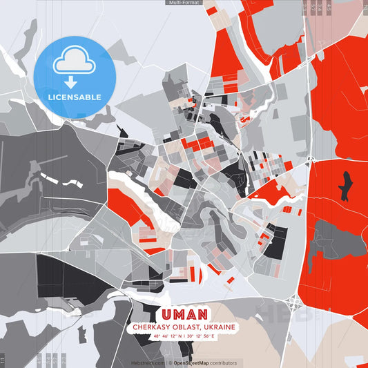 Uman, Cherkasy Oblast, Ukraine - modern street map poster template with gray and red tones