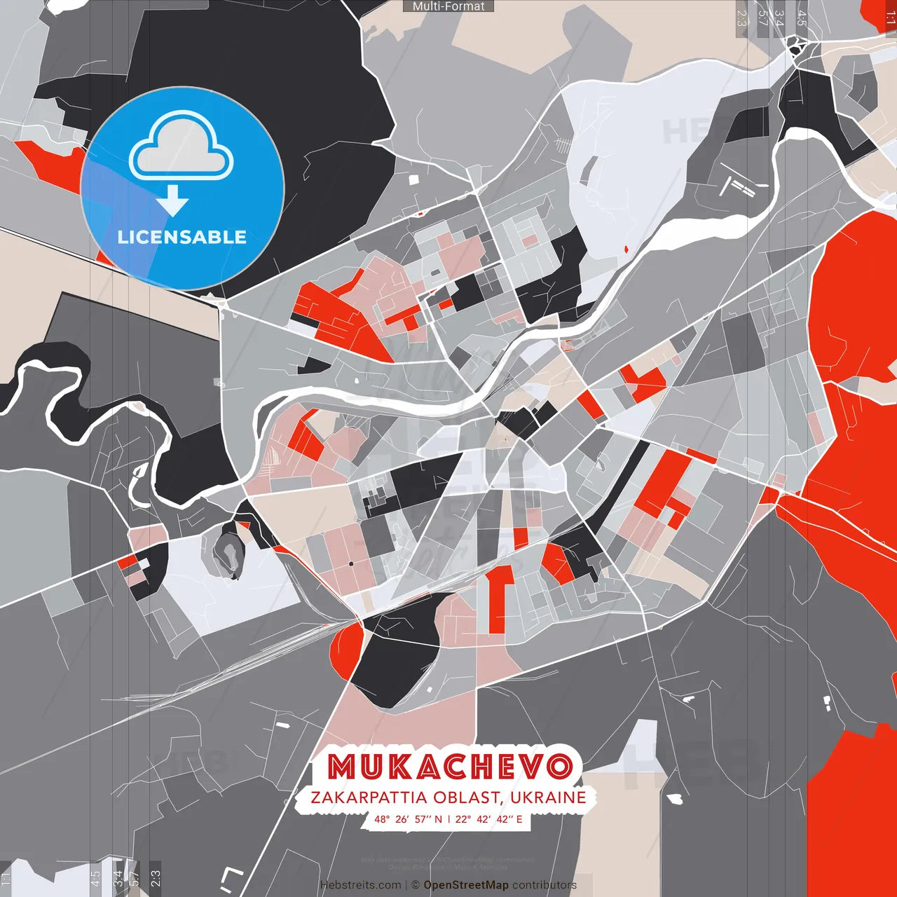 Mukachevo, Zakarpattia Oblast, Ukraine - modern street map poster template with gray and red tones