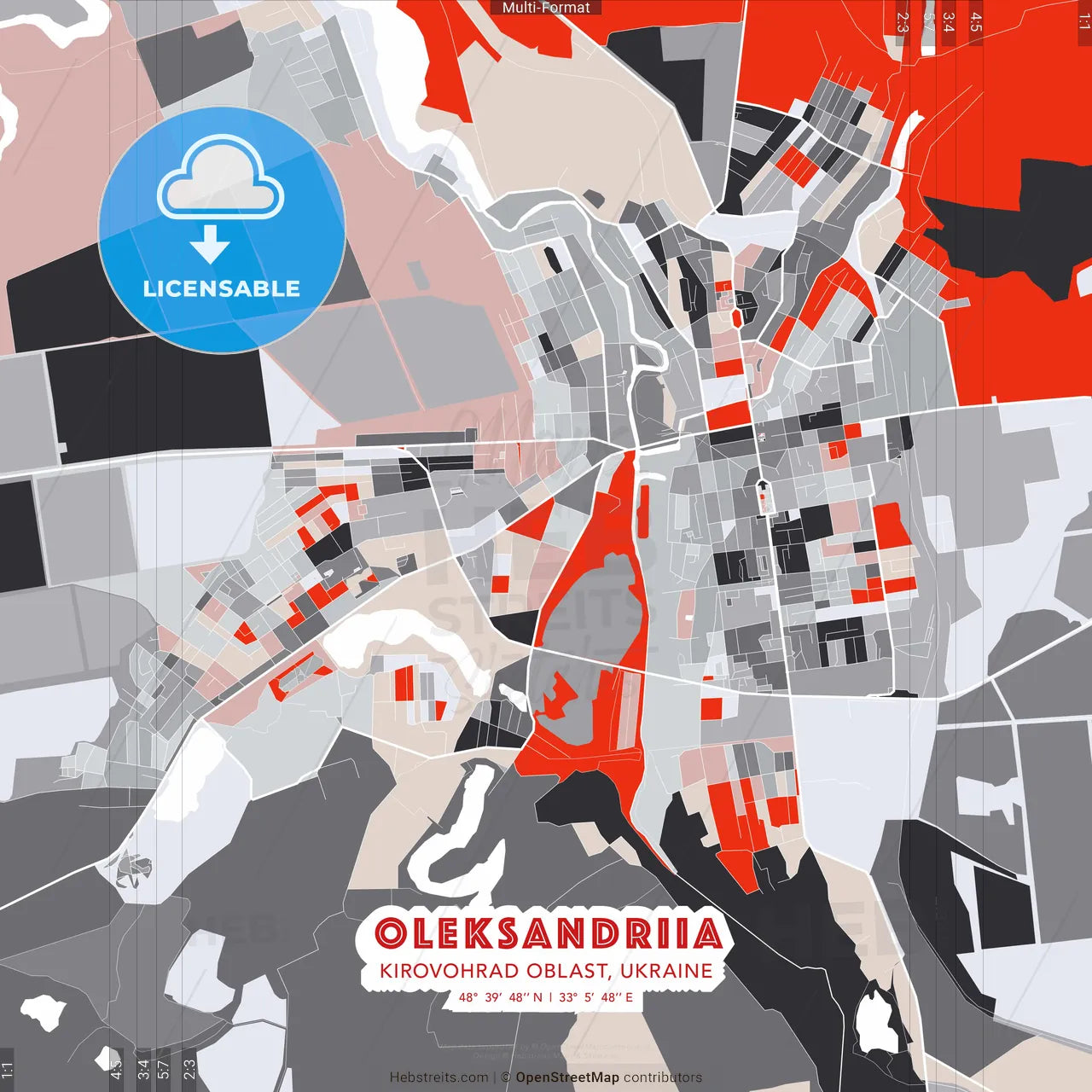 Oleksandriia, Kirovohrad Oblast, Ukraine - modern street map poster template with gray and red tones