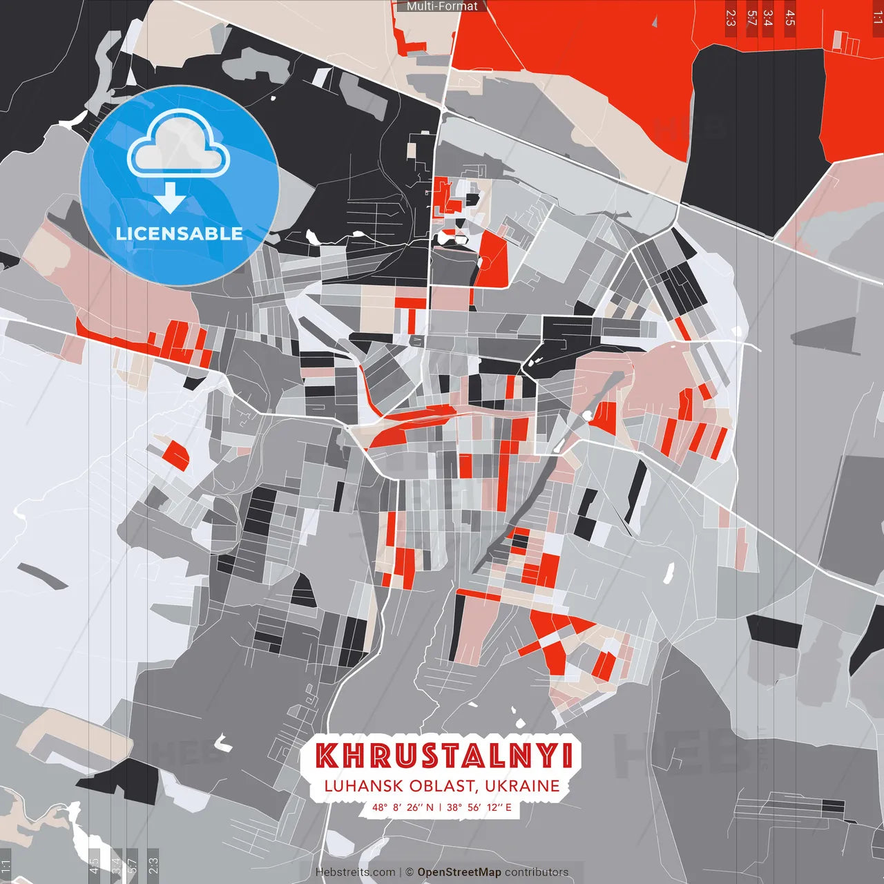 Khrustalnyi, Luhansk Oblast, Ukraine - modern street map poster template with gray and red tones