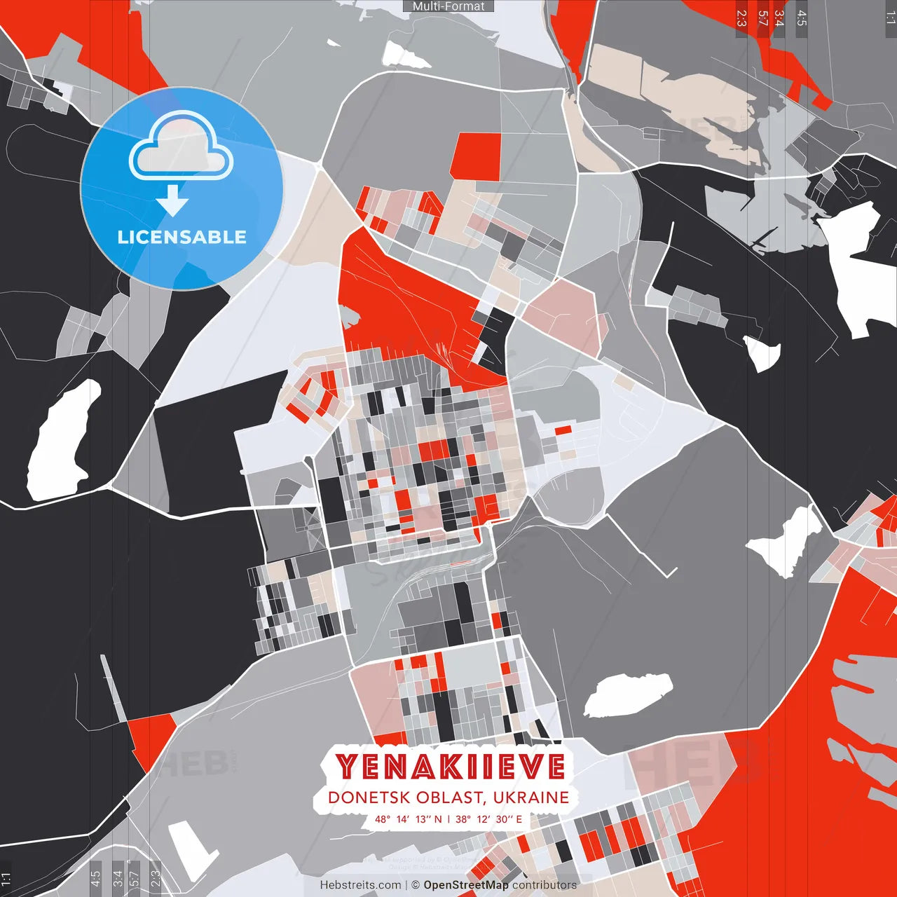 Yenakiieve, Donetsk Oblast, Ukraine - modern street map poster template with gray and red tones