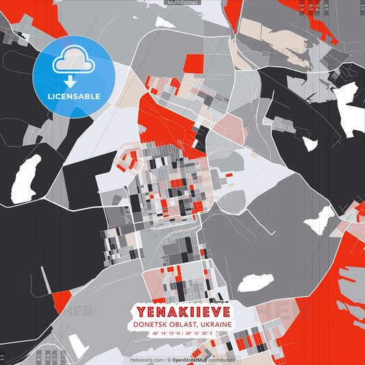 Yenakiieve, Donetsk Oblast, Ukraine - modern street map poster template with gray and red tones
