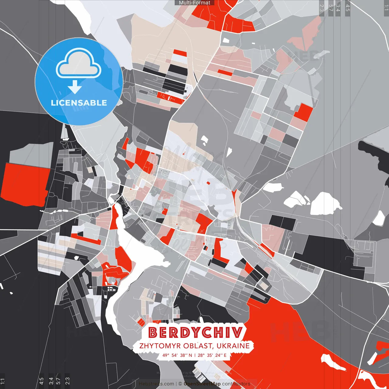 Berdychiv, Zhytomyr Oblast, Ukraine - modern street map poster template with gray and red tones