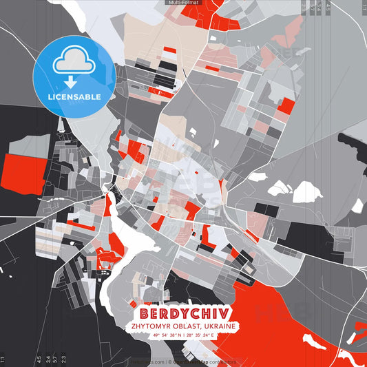 Berdychiv, Zhytomyr Oblast, Ukraine - modern street map poster template with gray and red tones