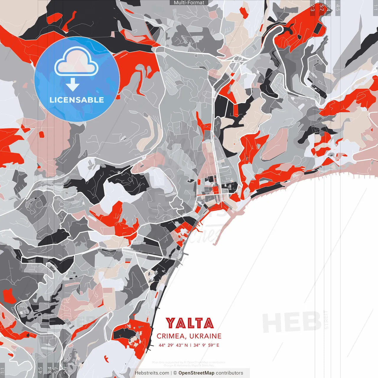 Yalta, Crimea, Ukraine - modern street map poster template with gray and red tones