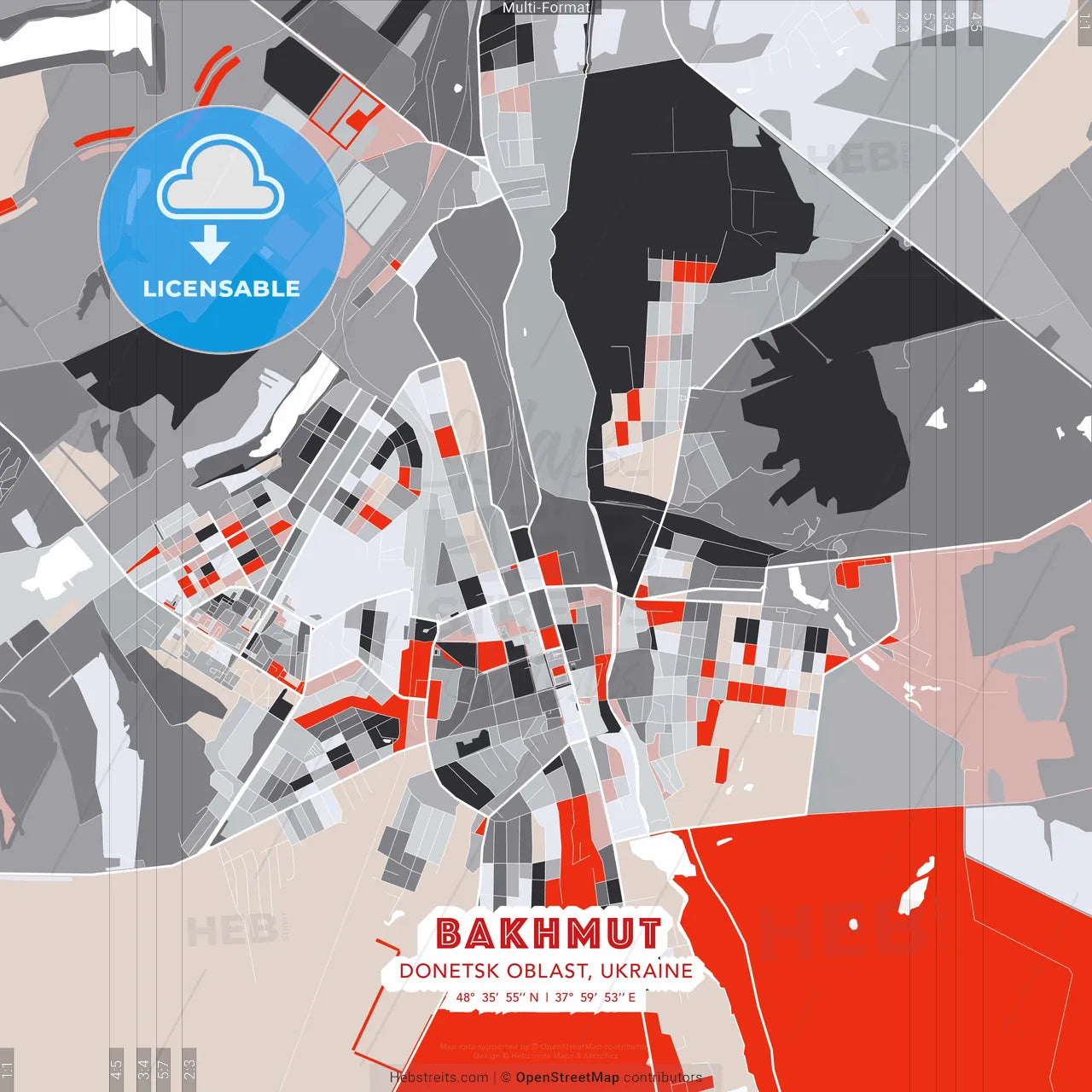 Bakhmut, Donetsk Oblast, Ukraine - modern street map poster template with gray and red tones