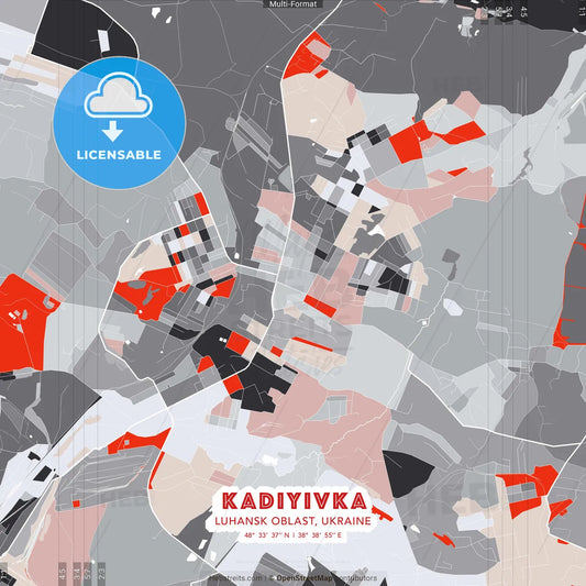 Kadiyivka, Luhansk Oblast, Ukraine - modern street map poster template with gray and red tones