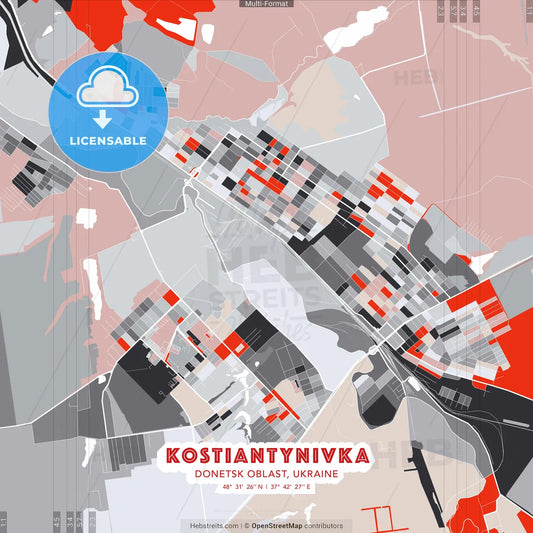 Kostiantynivka, Donetsk Oblast, Ukraine - modern street map poster template with gray and red tones
