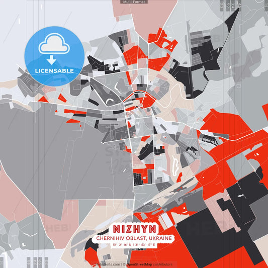 Nizhyn, Chernihiv Oblast, Ukraine - modern street map poster template with gray and red tones