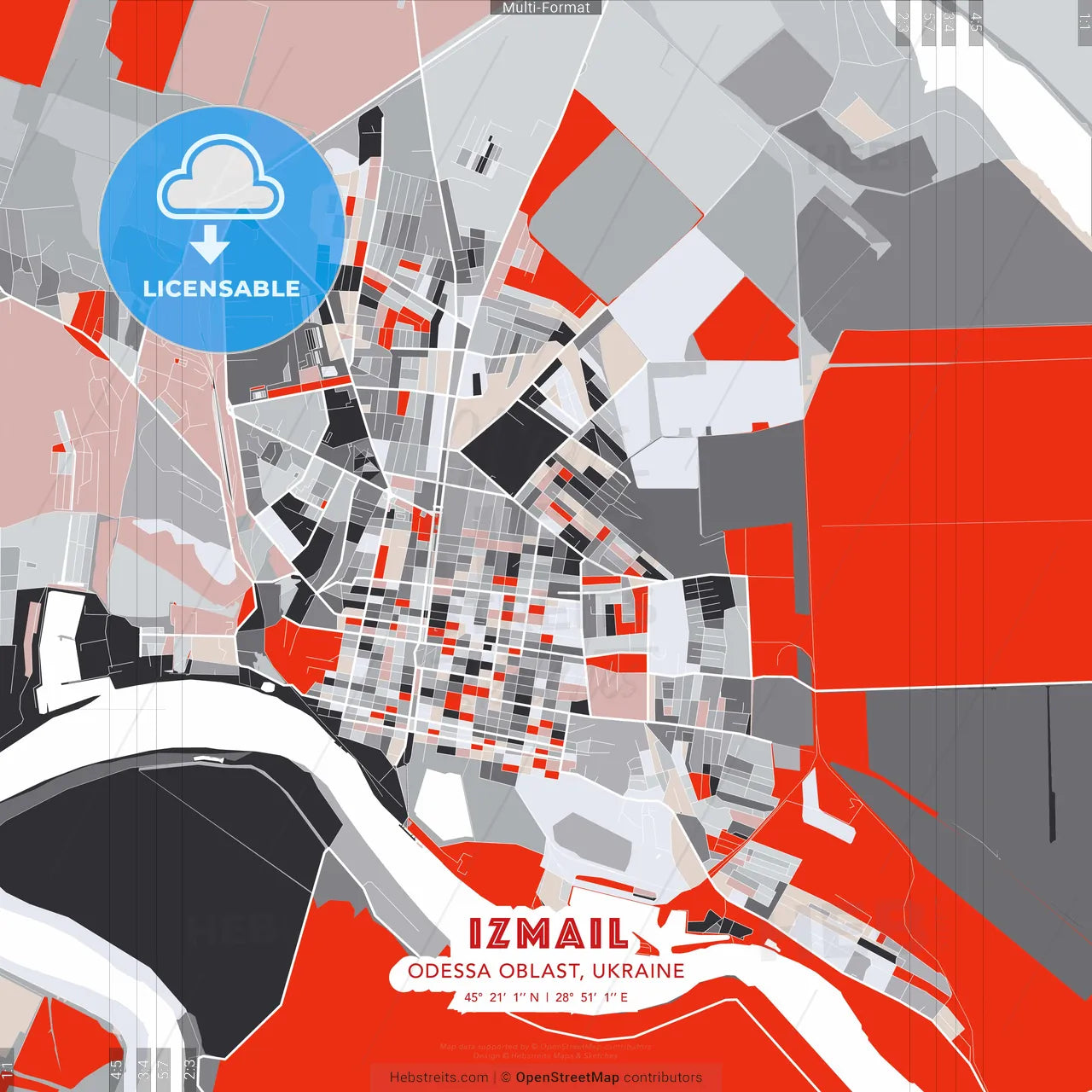 Izmail, Odessa Oblast, Ukraine - modern street map poster template with gray and red tones