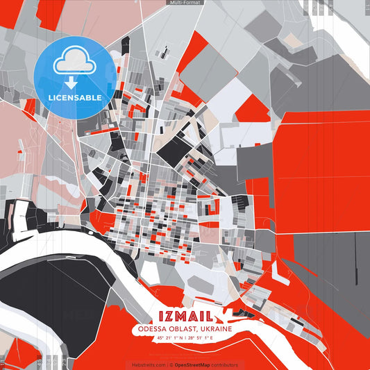 Izmail, Odessa Oblast, Ukraine - modern street map poster template with gray and red tones