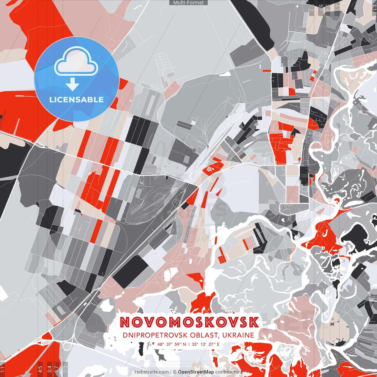 Novomoskovsk, Dnipropetrovsk Oblast, Ukraine - modern street map poster template with gray and red tones
