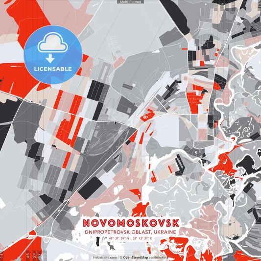 Novomoskovsk, Dnipropetrovsk Oblast, Ukraine - modern street map poster template with gray and red tones