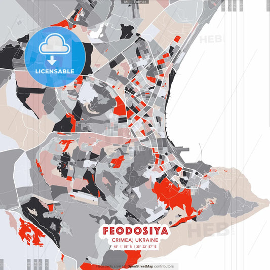 Feodosiya, Crimea, Ukraine - modern street map poster template with gray and red tones