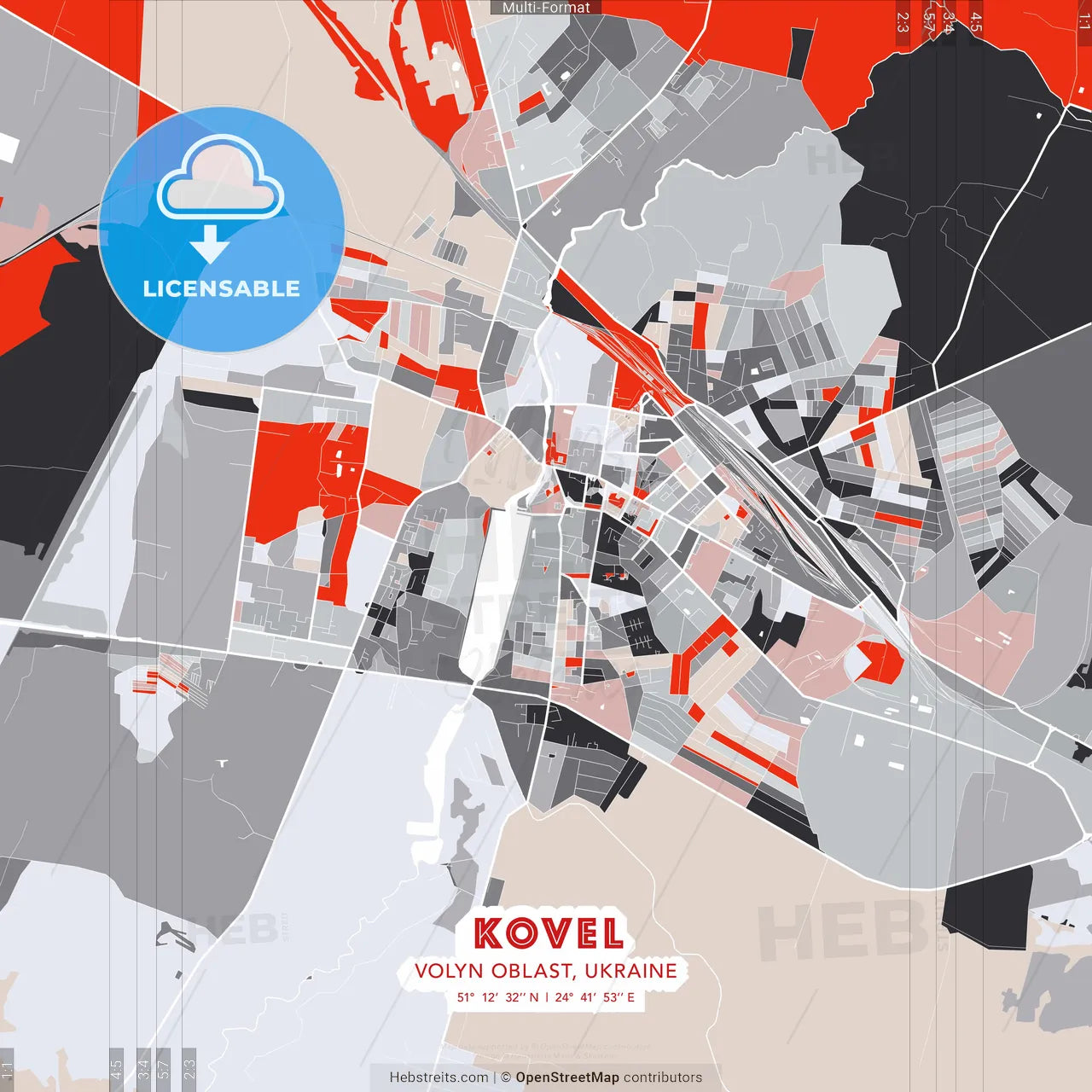 Kovel, Volyn Oblast, Ukraine - modern street map poster template with gray and red tones