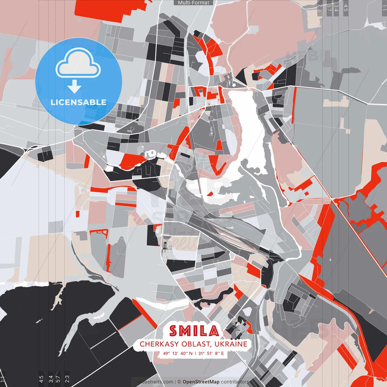Smila, Cherkasy Oblast, Ukraine - modern street map poster template with gray and red tones