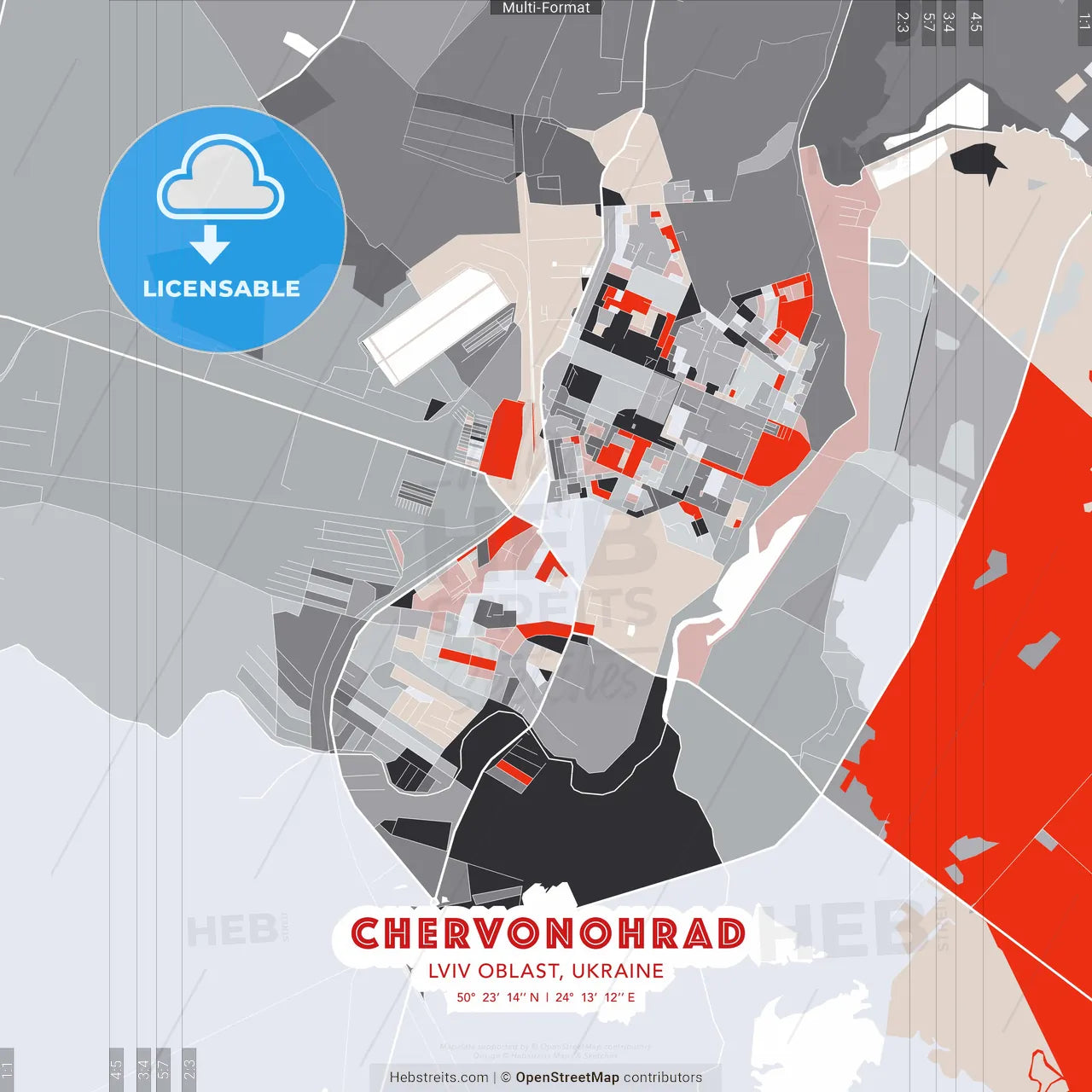 Chervonohrad, Lviv Oblast, Ukraine - modern street map poster template with gray and red tones