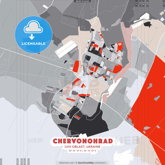 Chervonohrad, Lviv Oblast, Ukraine - modern street map poster template with gray and red tones