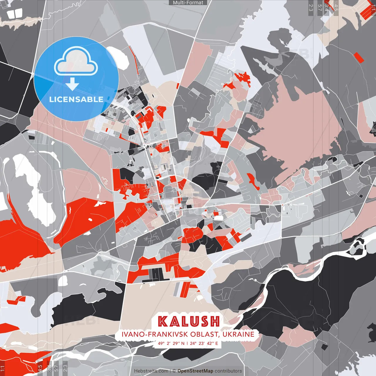 Kalush, Ivano-Frankivsk Oblast, Ukraine - modern street map poster template with gray and red tones