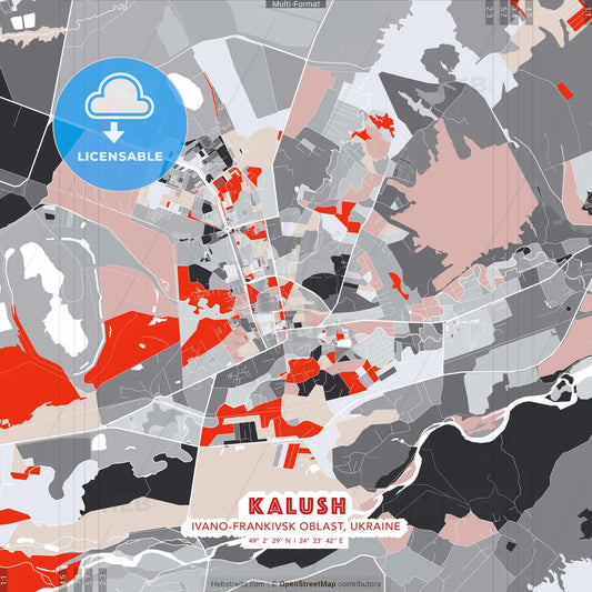 Kalush, Ivano-Frankivsk Oblast, Ukraine - modern street map poster template with gray and red tones