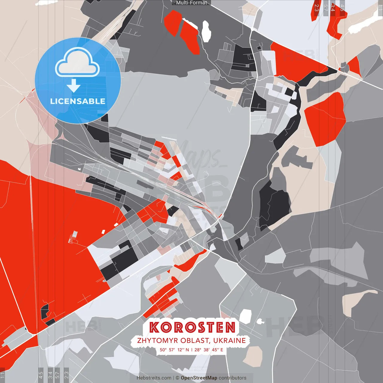 Korosten, Zhytomyr Oblast, Ukraine - modern street map poster template with gray and red tones