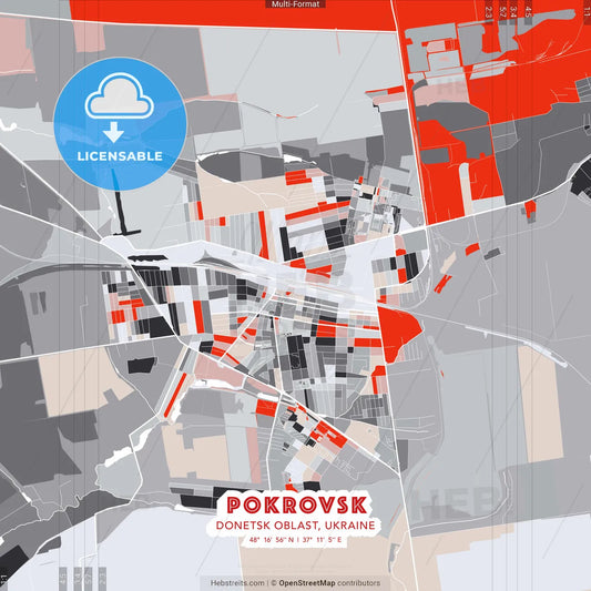 Pokrovsk, Donetsk Oblast, Ukraine - modern street map poster template with gray and red tones