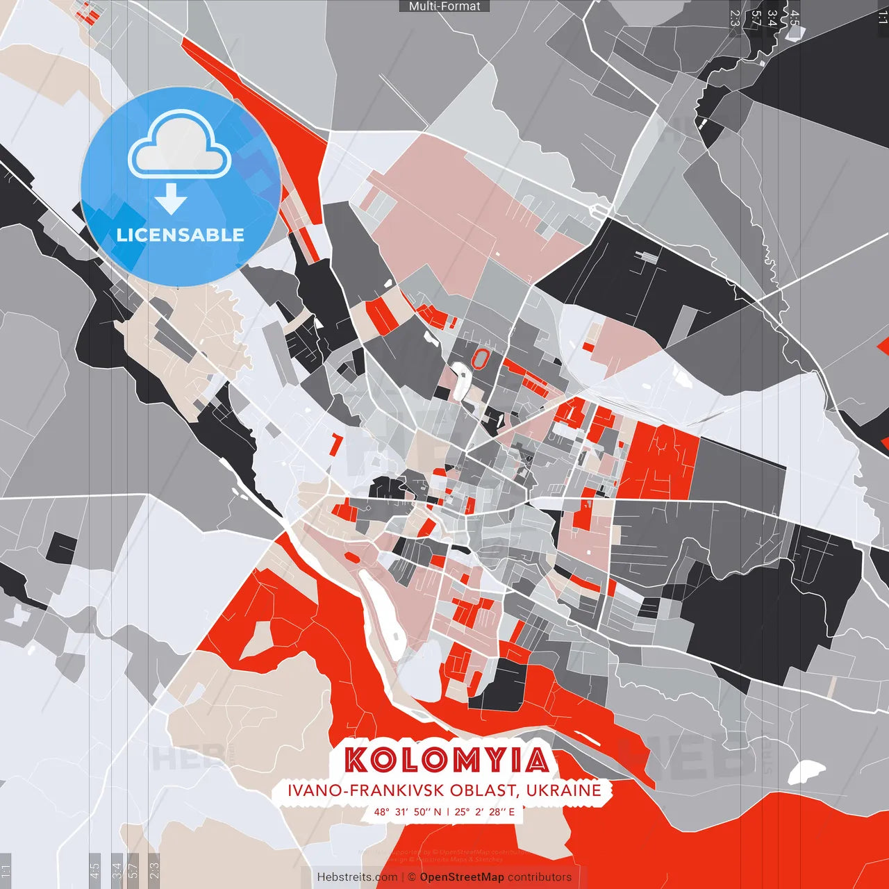Kolomyia, Ivano-Frankivsk Oblast, Ukraine - modern street map poster template with gray and red tones
