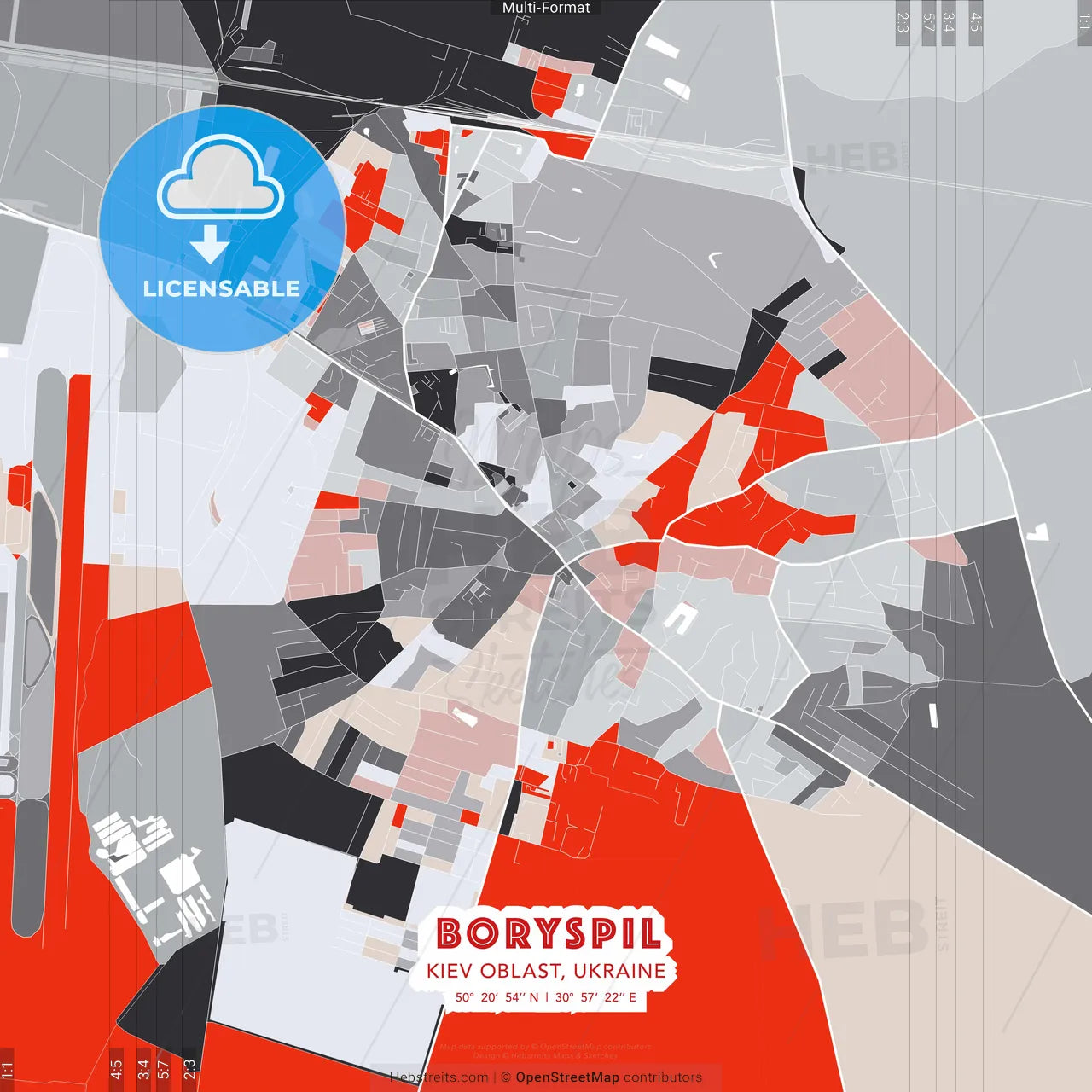 Boryspil, Kyiv Oblast, Ukraine - modern street map poster template with gray and red tones