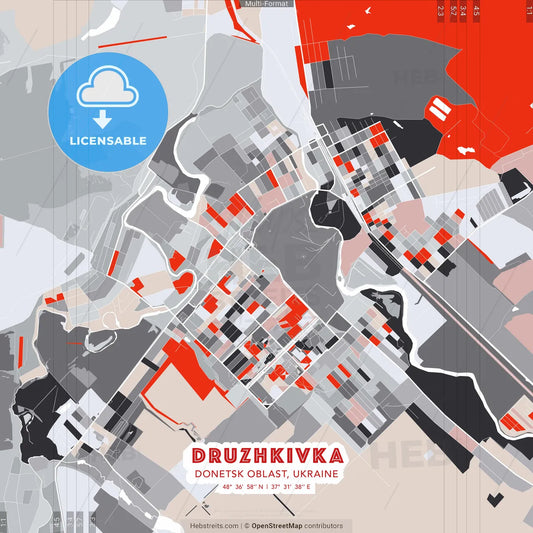 Druzhkivka, Donetsk Oblast, Ukraine - modern street map poster template with gray and red tones