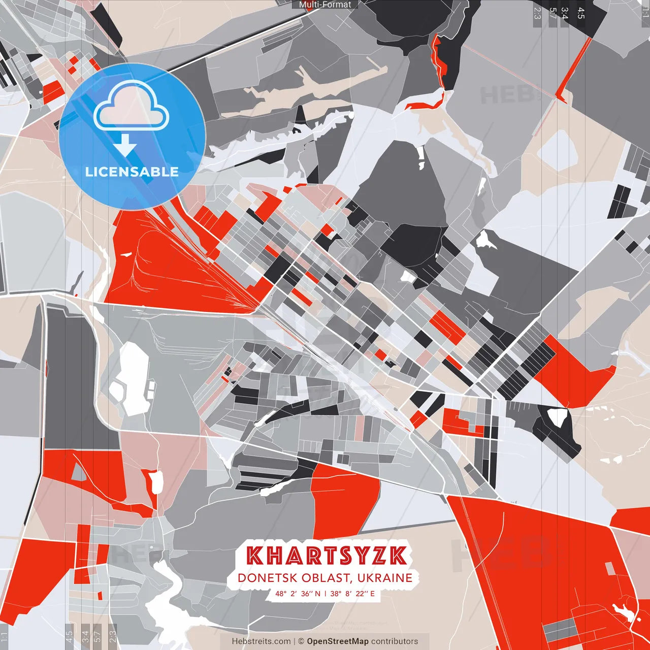 Khartsyzk, Donetsk Oblast, Ukraine - modern street map poster template with gray and red tones