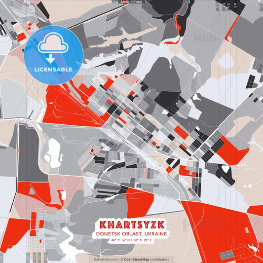 Khartsyzk, Donetsk Oblast, Ukraine - modern street map poster template with gray and red tones