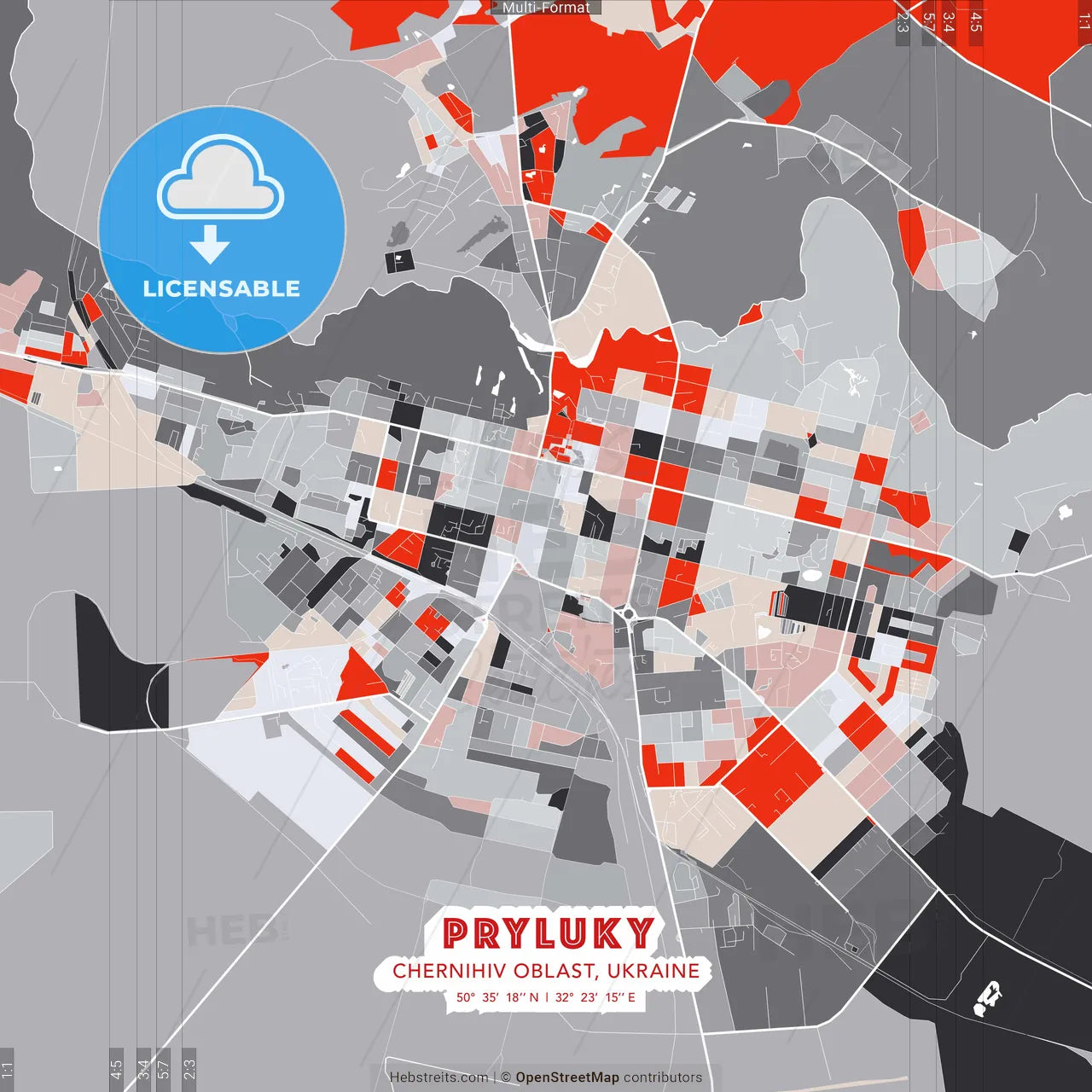 Pryluky, Chernihiv Oblast, Ukraine - modern street map poster template with gray and red tones