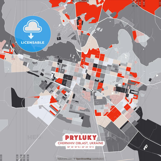 Pryluky, Chernihiv Oblast, Ukraine - modern street map poster template with gray and red tones