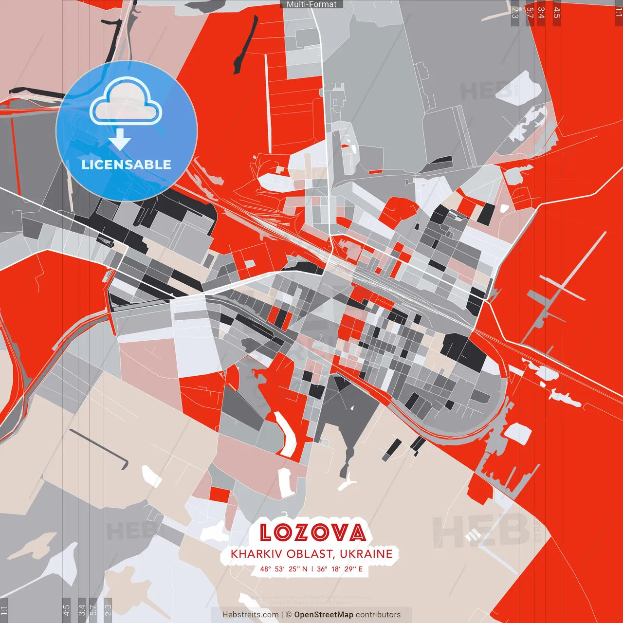 Lozova, Kharkiv Oblast, Ukraine - modern street map poster template with gray and red tones