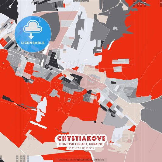 Chystiakove, Donetsk Oblast, Ukraine - modern street map poster template with gray and red tones
