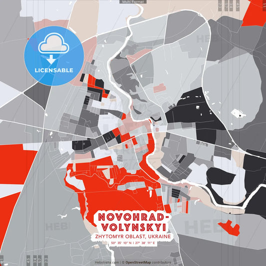 Novohrad-Volynskyi, Zhytomyr Oblast, Ukraine - modern street map poster template with gray and red tones