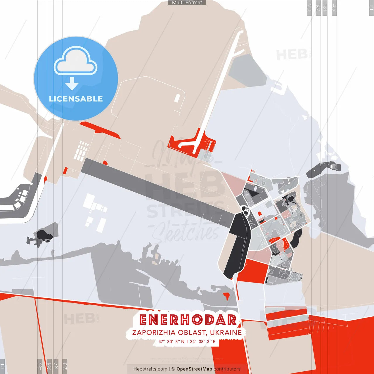 Enerhodar, Zaporizhia Oblast, Ukraine - modern street map poster template with gray and red tones