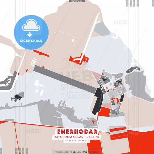 Enerhodar, Zaporizhia Oblast, Ukraine - modern street map poster template with gray and red tones