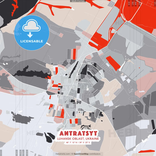 Antratsyt, Luhansk Oblast, Ukraine - modern street map poster template with gray and red tones