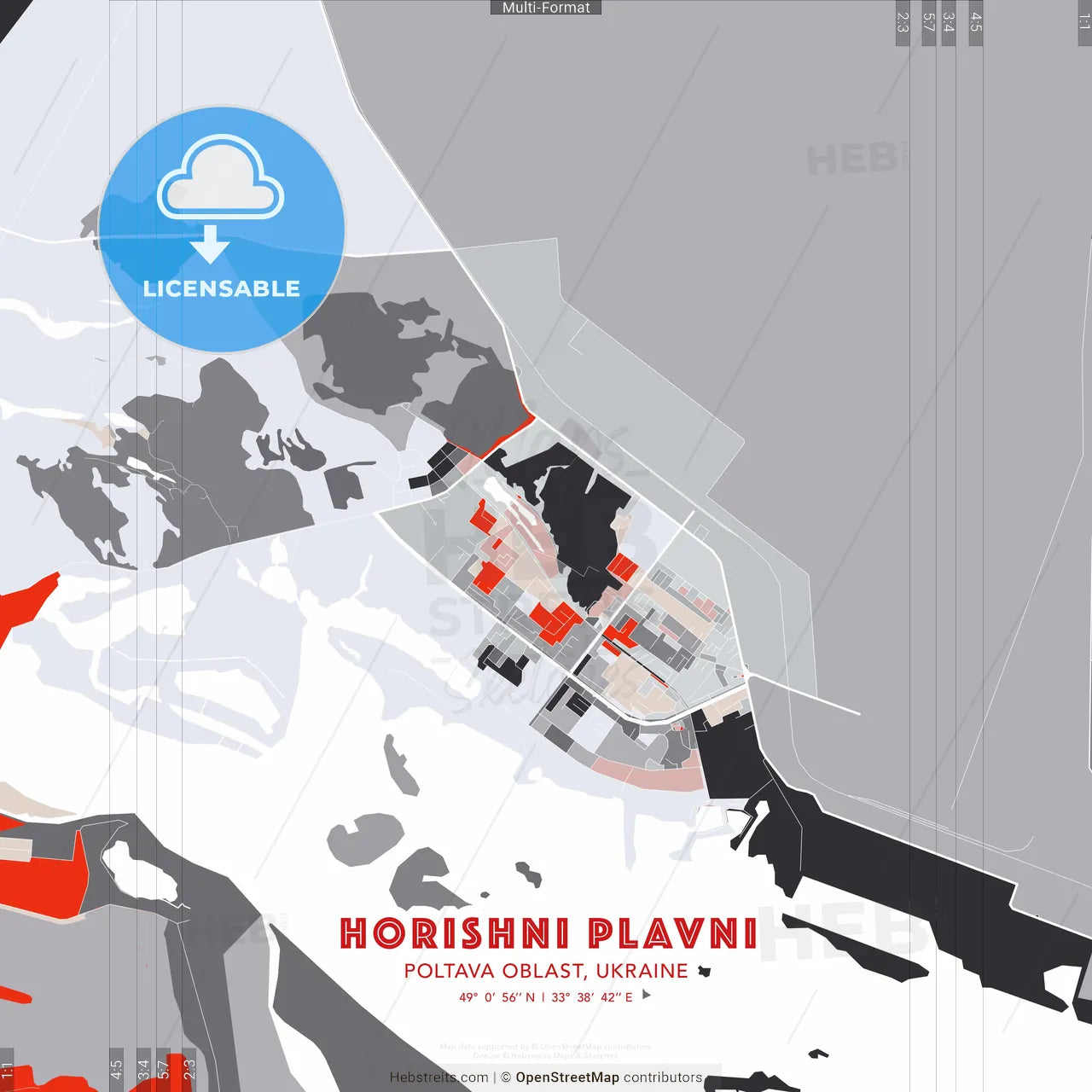 Horishni Plavni, Poltava Oblast, Ukraine - modern street map poster template with gray and red tones