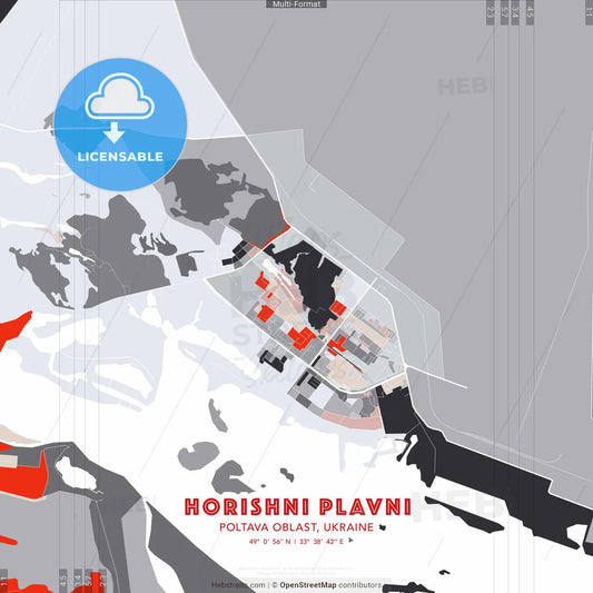 Horishni Plavni, Poltava Oblast, Ukraine - modern street map poster template with gray and red tones